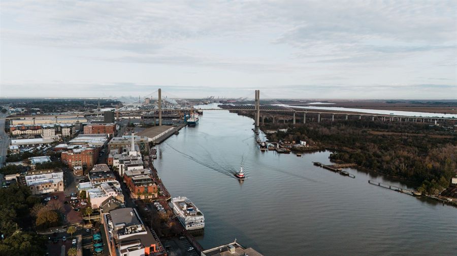 Aerial view of Savannah, Georgia, along the Savannah River